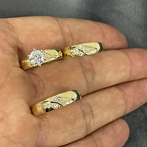 Trio Rings Set 14k Yellow Gold- 3-Piece Wedding Engagement Rings Band for Her and Him - Round Cubic Zirconia CZ for Couple Mens and Women - Anillos de Matrimonio.4