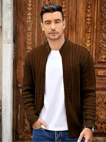 Image of TYSORT Men's Cotton Full Sleeve High Neck Full Zipper Sweater for Men, Cable Knitted Cardigan for Men