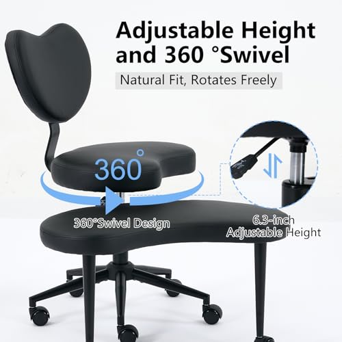 Image of Cross Legged Office Chair with Wheels, 360Swivel Meditation Chair, Adjustable Height Office Chair for ADHD and Yoga, Ergonomic Kneeling Chair with Back Support,PU Leather, Black