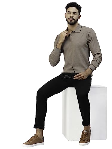 Image of Kalt Mens Basic Solid Full Sleeves Polo Cotton Blend Knitted Regular Fit Polo-Neck T-Shirts with Collar Stylish