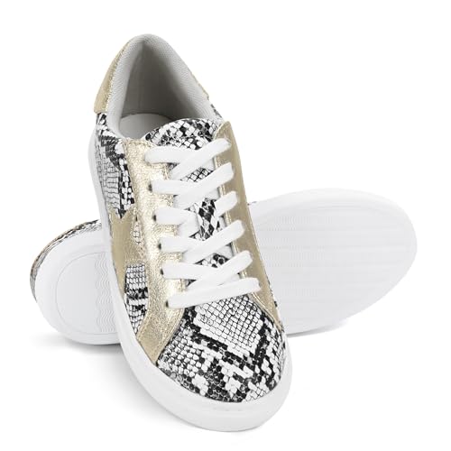 Image of PARTY Women's Fashion Star Sneaker Lace Up Low Top Comfortable Cushioned Walking Shoes,Podcast-White SNAKE-11