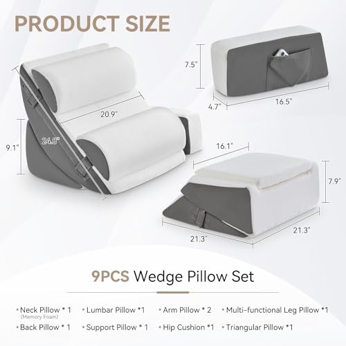 Image of Yojoker 9PCS Orthopedic Bed Wedge Pillow Set for Sleeping, Back and Leg Pain Relief, Post Surgery Foam Pillow for Body, Triangle Adjustable Support Pillow - Acid Reflux Sleeping Pillows Grey