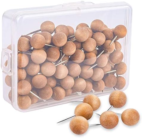 eZAKKA Wooden Push Pins, Walnut, 100 Pack Wood Thumb Tacks Decorative for Bulletin Boards, Cork Boards, Foam Boards, Map Photos Calendar and Home Office Craft Projects with Box, Round