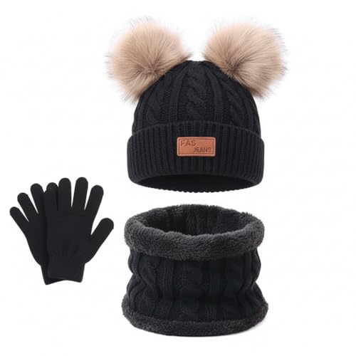 YRPACFB 3 Stück Kinder Wintermütze Schal Handschuhe Set, Kindermütze Strickmütze Beanie Hut für Mädchen Jungen, Kinder Wintermütze Set, Jungen Handschuhe Runder Schal （Schwarz）