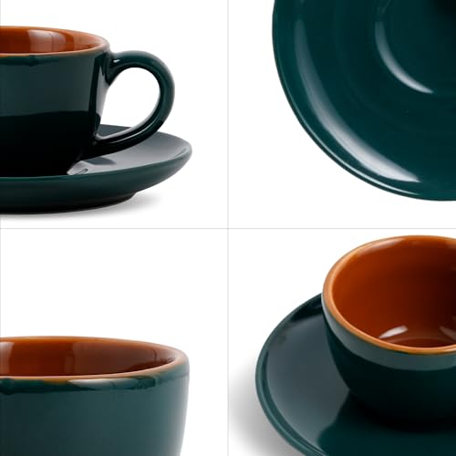Image of Shay Ceramic Espresso Cup Set, Set of 2, 100ml, Teal Green | Espresso Cup and Saucer | Glossy Finish | Microwave Safe (Espresso Set, Teal Green)