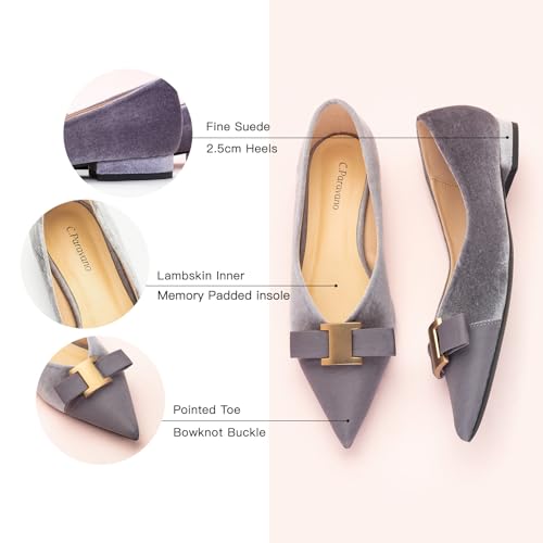 C.Paravano Women's Pointed Toe Ballet Flats with Bow Slip-On Dressy Flats for Women Comfortable Elegant Casual Shoes for Work Part Daily Wear(Grey,Velvet,Size 6.5)4