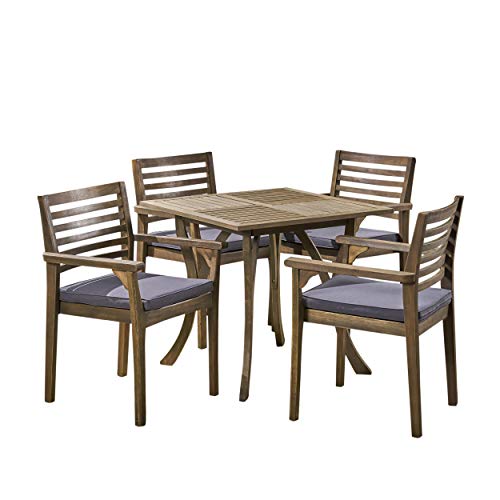 Great Deal Furniture Alma Acacia Patio Dining Set, 4-Seater, 32" Square Table With Carved Legs, Gray Finish, Dark Gray Outdoor Cushions #TOP4