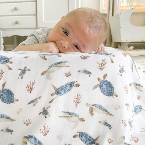 Image of LifeTree Muslin Swaddle Blankets, Baby Swaddling Wrap Nursery Receiving Blanket for Boys & Girls, Soft 70% Viscose from Bamboo and 30% Cotton, Large 47 x 47 inches, Sea Turtle & Solid Colors