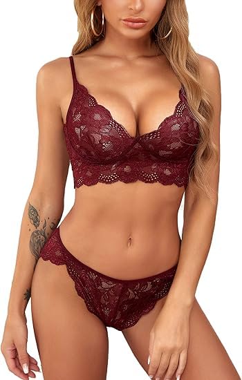 Image of LOURYN KOULYN Women's Lace Lingerie Bra and Panty Set Strappy Babydoll Bodysuit