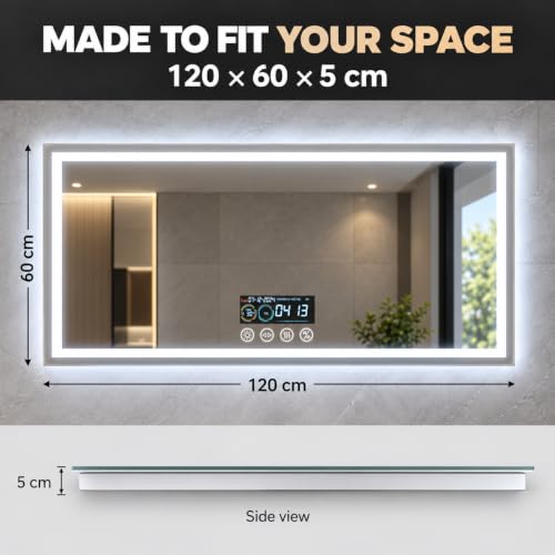 LUVODI Badspiegel mit Bluetooth 120x60cm: Beleuchtet Wandspiegel mit Uhr Lichtspiegel Kosmetikspiegel Flur Spiegel… – Ansicht 9