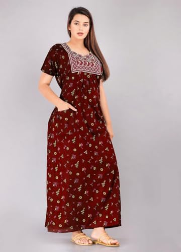 Image of DIAMO Pure Cotton Embroidery Nighty for Women, Cotton Night Gown, Night Maxi Gown, Cotton Nighty with a Pocket and Adjustable Knot