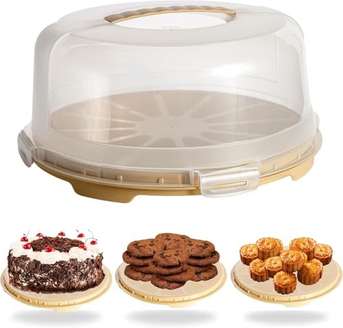 Buzztrove Cake Carrier with Handle – 30cm Tall Cake Storage Container with Cream Base & Semi-Transparent Dome – Airtight Cake Storage Box with 4x Locking Lid for Cakes, Cupcakes, Pies & Pastries.