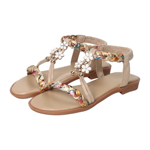 Girls Summer Bohemian Sandals Kids Beach Vacation Open Toe Floral Rhinestone T Strap Dress Flat Shoes Casual Sandal2