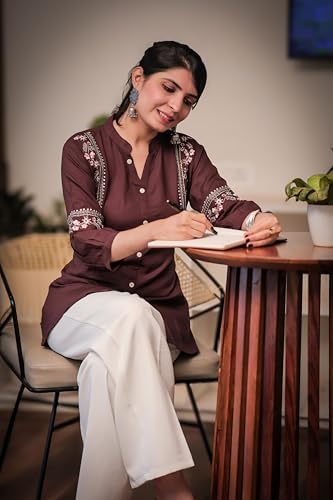 Image of Women's Viscose Rayon Embroidered A-Line Short Kurti Above Knee Regular Fit Tunic Top Office Wear Casual short kurti for women | office wear top | A-line kurti | raksha bandhan gift dress for women