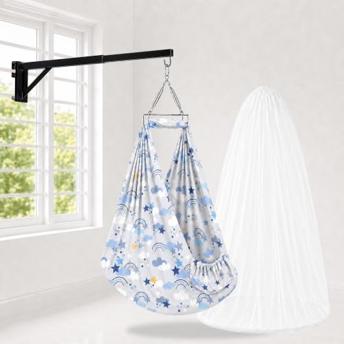 Image of Happykid Baby Cradle Set | Durable Cotton Cloth, Mosquito Net, Spring, Triangle and Window Hanger (Blue, Without Bed)