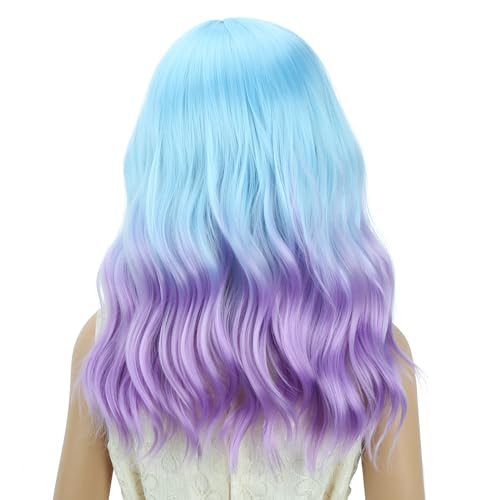 Image of PATTNIUM Blue Ombre Purple Short Curly Wavy Wigs for Girls Kids Side Part Shoulder Length Heat Resistant Synthetic Wig Halloween Cosplay Costume Party Wigs