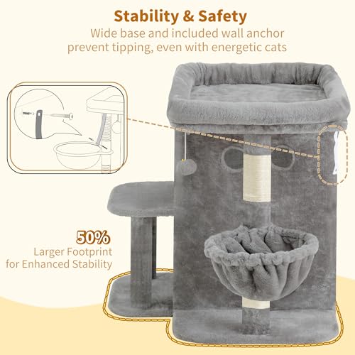 Heybly Kratzbaum, 65 cm Hoher Katzenbaum mit Extra-Großer Plattform, Gestuftes Katzenmöbel mit Doppelhaus, Inklusive Sisal-Kratzsäule, Katzenkorb und Spielzeug für Katzen, Hellgrau HCT204SW