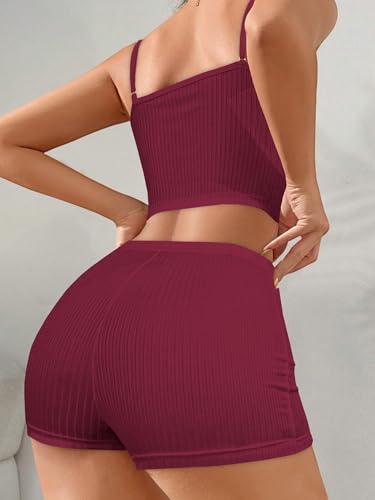 Image of Hilinker Womens Graphic 2 Piece Pajama Set Summer Cute Crop Cami and Shorts Ribbed Lounge Sets