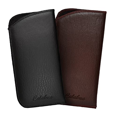 Image of Calabria Slim Faux Leather Eyeglass Case Soft Slip-In Design [Black & Brown without Clip - 2 Pack] | Compact Protective Pouch | Soft Case for Glasses | Lightweight Sunglass Storage