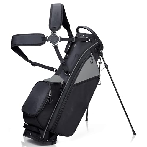 KYTAI Lightweight 7 Way Divider Golf Stand Bag for Men,Women- Dual Straps, Stable Stand, Multiple Pockets, Rain Hood & Towel Ring-Black/Gray