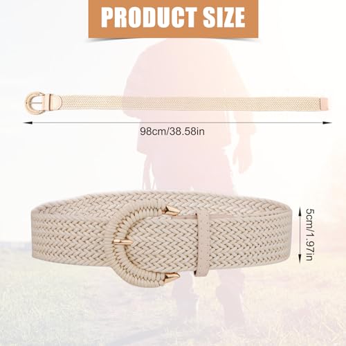 2pcs Women Braided Rattan Belt, Woven Waist Belt Straw Elastic Waist Belts with Half-Circle Button Boho Wide Rattan Belt for Dress Jeans (Khaki, Camel)2