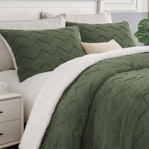 Image of BEDELITE Fluffy Sherpa Queen Comforter Set,Dark Green