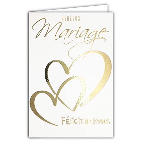 Afie 63-1154 Happy Wedding Congratulations Card with 2 Hearts in Gold Shiny Sparkly Chic - Includes Envelope - Made in France