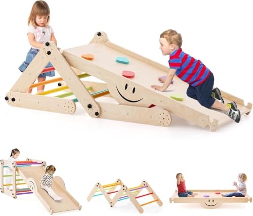 FANTASK Holz Klettergeräte, Indoor Kletterdreieck multifunktionaler mit umkehrbarer Rampe, Wippe, verstellbarem Kletterer für Kinder ab 3 Jahren, Bunt FANTASK Holz Klettergeräte, Indoor Kletterdreieck multifunktionaler mit umkehrbarer Rampe, Wippe, verstellbarem Kletterer für Kinder ab 3 Jahren, Bunt