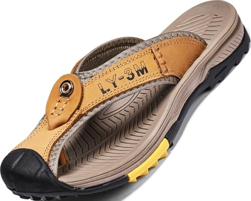 GILKUO Sandalias Hombre Verano Piel Cuero Chanclas Zuecos Mules Punta Cerrada Amarillo Marrón Talla 42