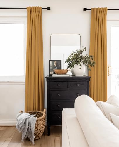 INOVADAY 100% Blackout Curtains 108 Inches Length 2 Panels Set, Back Tab/Rod Pocket Linen Black Out Curtains for Bedroom, Thermal Insulated Window Drapes - Dijon Mustard, W50 X L108