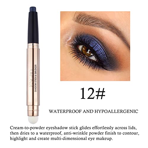 Cream Eyeshadow Stick,2 In 1 Eye Shadow Pencil Crayon Makeup With Smudger,Multi-Dimensional Eyes Look,Waterproof Long Lasting Hypoallergenic Eye Shadow Sticks (12# Midnight Black Blue Shimmer) #TOP1