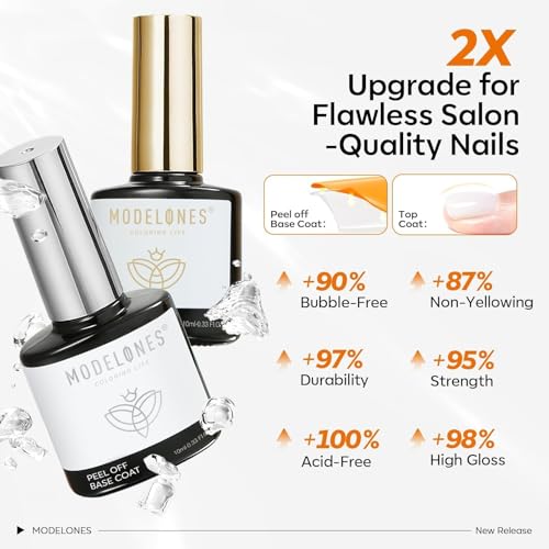 Image of modelones Peel Off Base Coat and Gel Top Coat Set, 2 Pcs No Wipe Clear Top Gel Nail Polish and Peelable Practice Base Easy Removal, Nail Art Manicure DIY Gift for Weak Thin Nails Beginner Women 10ml