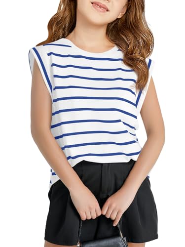 Image of Haloumoning Girls Cap Sleeve T Shirts Summer Striped Tank Tops Tees 4-14 Years