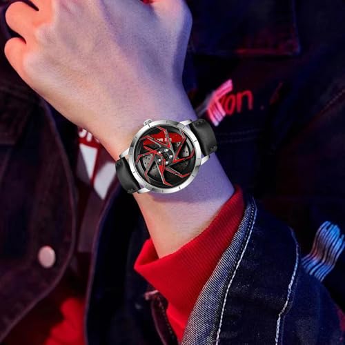 Image of FANMIS Men's Racing Car Wheel Watch 3D Spinning Dial Stainless Steel Watch | Creative 3D Spinning Car Quartz Large Skeleton Face and 30M Water Resistance Designed for Car Fans and Daily Wear.