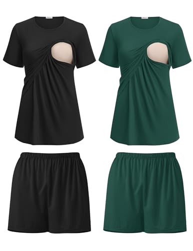 Image of Ekouaer 2 Pack Women's Nursing Pajamas Set Double Layer Maternity Pjs Postpartum Loungewear Set Breastfeeding Tops & Shorts