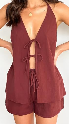 Image of ROAONOCOMO Women Tie Front Shorts Set V Neck Halter Cami Top Y2K 2 Piece Pj Set Graphic Summer Beach Lounge Outfit