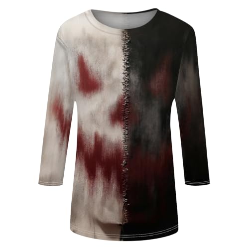 Image of Women Spooky Halloween Graphic Shirt 3 /4 Length Sleeve Crewneck Top | Halloween Funny Printed Pumpkin Plus Size Tshirts 2026 Fall Outfits Skeleton Tee Going Out Tops