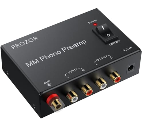 PROZOR Phono Vorverstärker Plattenspieler MM Plattenspieler Vorverstärker Kompakter, Extrem Rauscharmer Cinch Eingang/Ausgang, DC 12V Mit Netzschalter