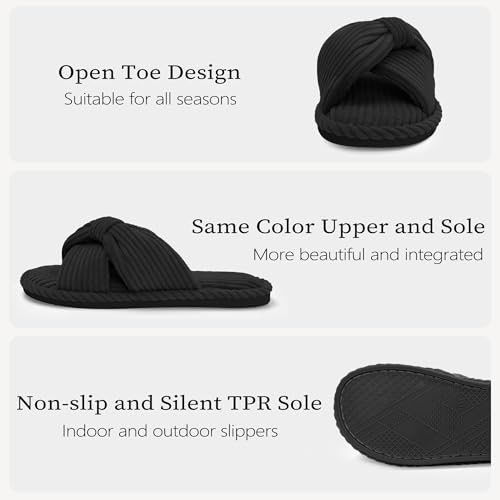 Image of IPSAE House Slippers for Woman Memory Foam Open Toe Slippers Corduroy Cross Bow Womens Slipper Slides Comfy Indoor Bedroom Slip On Shoes