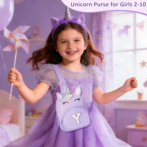Image of COSHAYSOO Purple Girl Purse Unicorn Crossbody Sling Bag Small, Cute Easter Day Gifts for 3 4 5 6 7 8 9 10 Year Old Girls Easter Basket Stuffers Birthday Party Favor Girly Stuff Initial Letter Y