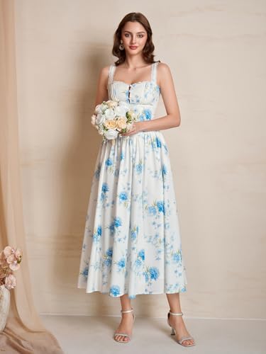 Image of KUTUMAI Women Summer Corset Midi Floral Wedding Guest Dresses with Pockets | Lace Neck, Smocked Back, Flowy A Line Sundress for 2026 Engagement Photoshoot Bridal Shower Garden Party