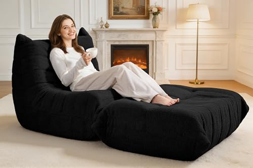 Image of Bean Bag Pouf Ottoman, Foot Stool, Foot Rest with Memory Foam Filled, Rectangle Ottoman for Living Room, Bedroom, Office (Black Teddy)