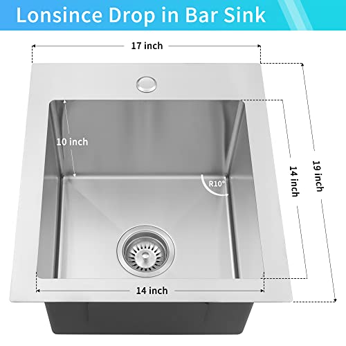 Lonsince Bar Sink,17 X 19 Inch Bar Sink Drop In,Wet Bar Sink,Small Rv Sink,16 Gauge Small Stainless Steel Kitchen & Bar Sink #TOP2