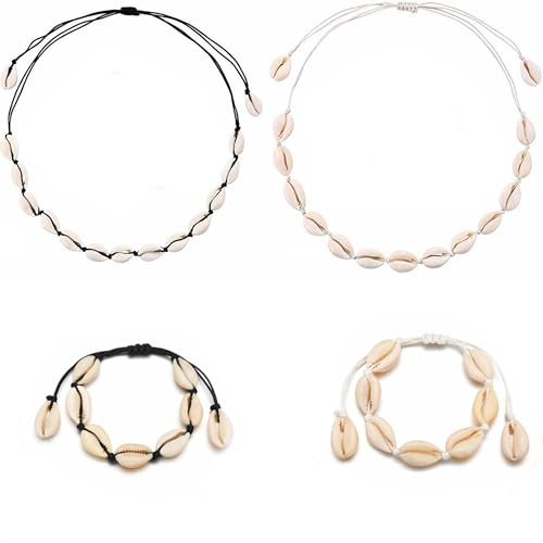 Parure de bijoux coquillage - Collier et bracelet en coquillage cauri - 4 pièces - Blanc et noir - Réglable, INCH, Coquillages cauri Cordon textile, coquille