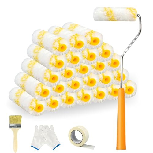 4 Inch Mini Paint Roller Set for DIY Painting with Emulsion Paints on Walls & Ceilings, Including 25x Replacement Pile Woven Paint Roller Sleeves, Roller Frame, Paint Brush, Gloves, Masking Tape