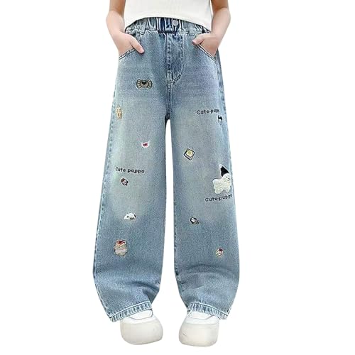 Kids Girls Jeans Baggy Wide Leg Denim Pants Cute Embroidered Elastic Straight Trousers Trendy Preppy Y2k Streetwear