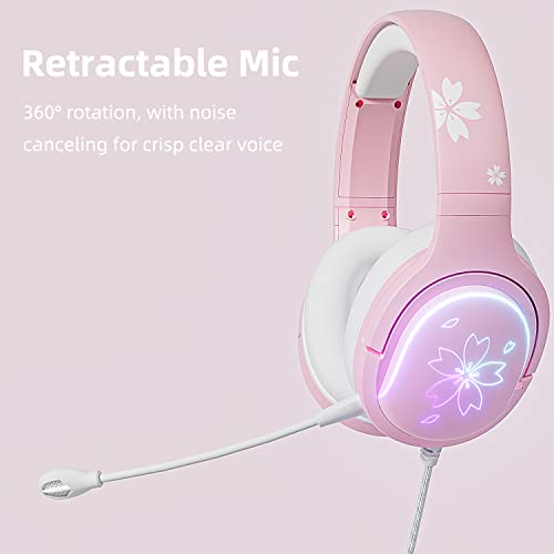 Mytrix Sakura Pink Cherry Blossoms Gaming Headset, 360° Rotation Mic, Soft Earmuff Headphone For Ps4, Ps5, Xbox, Pc & Mac, Switch, Rgb Gradient Light Effect #TOP5