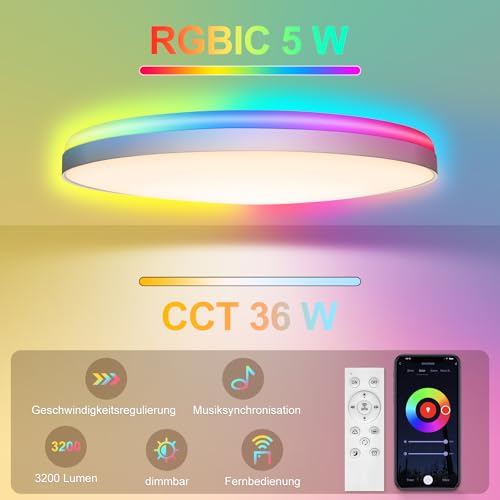 LED Deckenlampe 48W - Deckenlampe Dimmbar & RGBIC Nachtlicht - Smart Deckenleuchte mit Fernbedienung - Alexa/Google kompatibel, 4500lm, für Wohnzimmer, Schlafzimmer, Küche (48W-37CM) – Bild 4