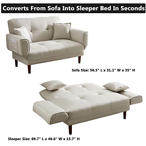 Convertible Futon Sofa Bed With 2 Pillows, Small Loveseat Sleeper Sofa Futon Couch, Recliner Couch With Adjustable Armrest And Wood Legs, Living Room Sofa With 5-Angle Backrest For Small Space (Beige) #TOP3