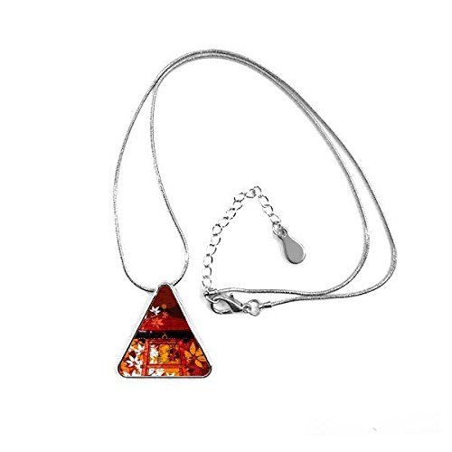 Collier Pendentif Triangle Culture Japonaise Pavillon Motif Feuilles avec Chaîne